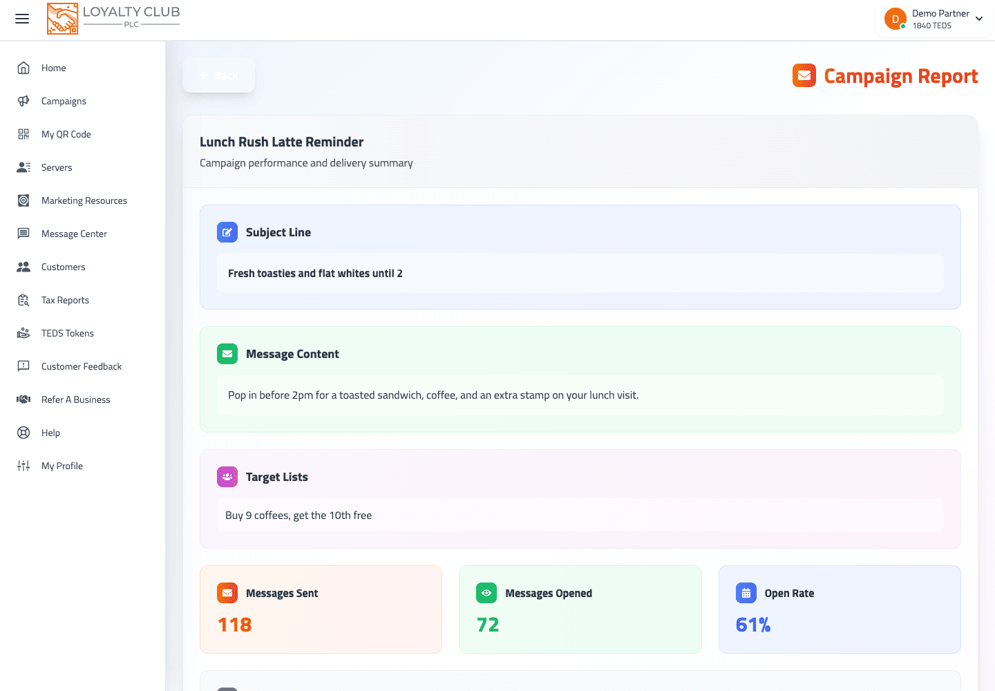 Sent messages history showing delivery records and campaign activity.