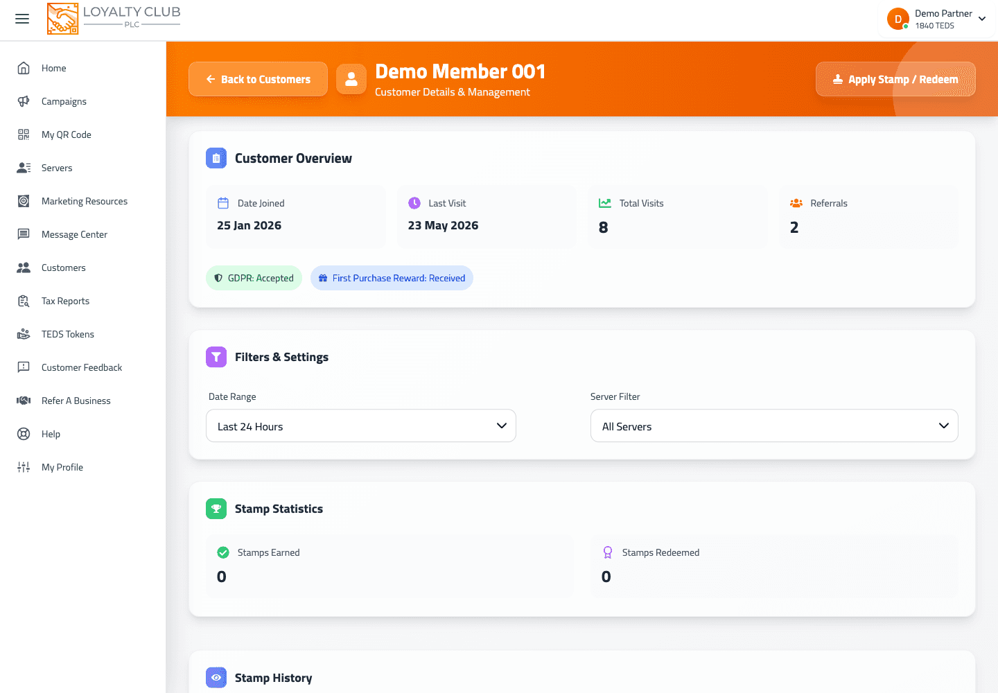 Partner portal customer campaign screen showing joined campaigns and stamp progress.