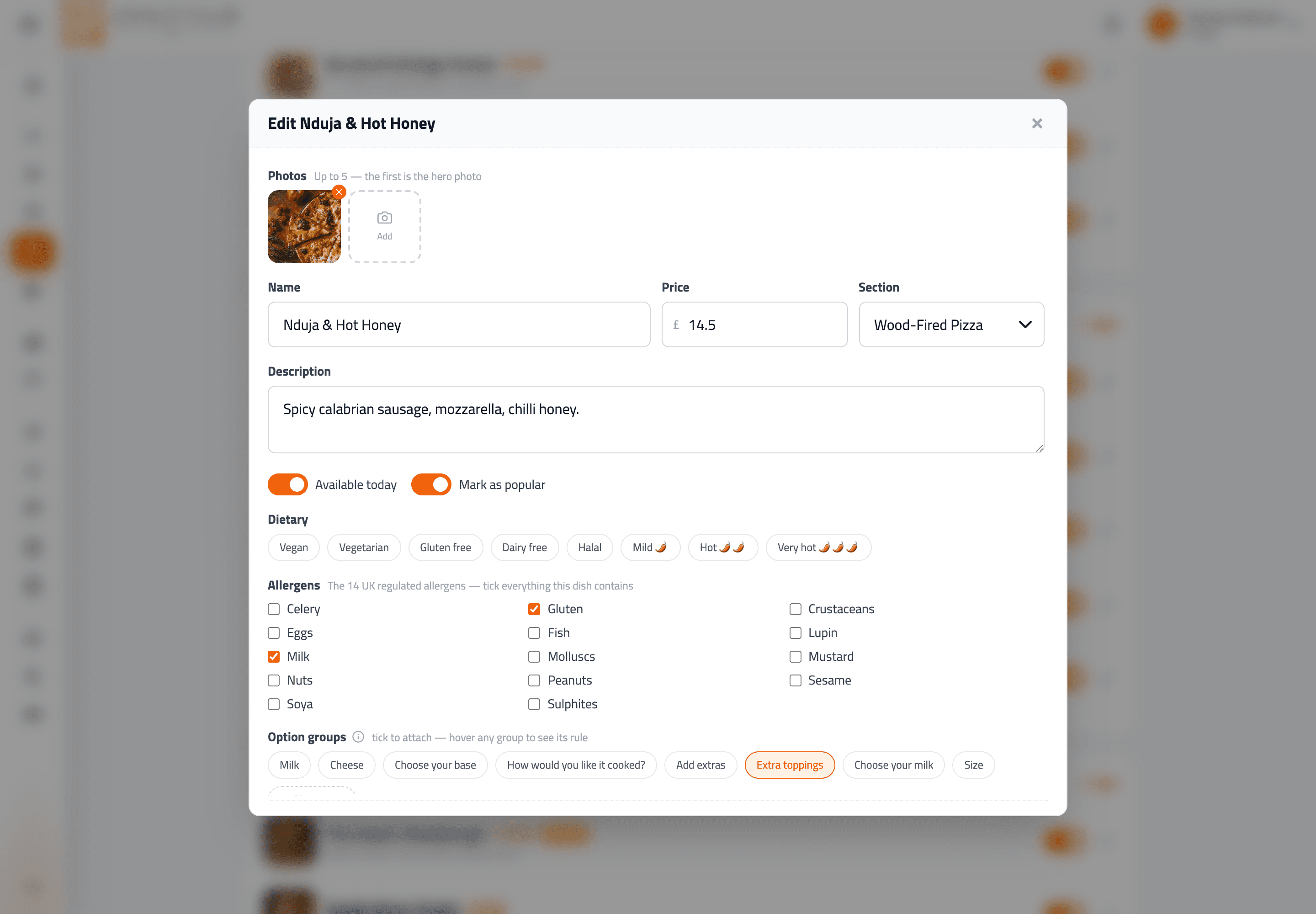 Dish editor showing photos, name, price, allergen checklist, dietary tags and loyalty linking.