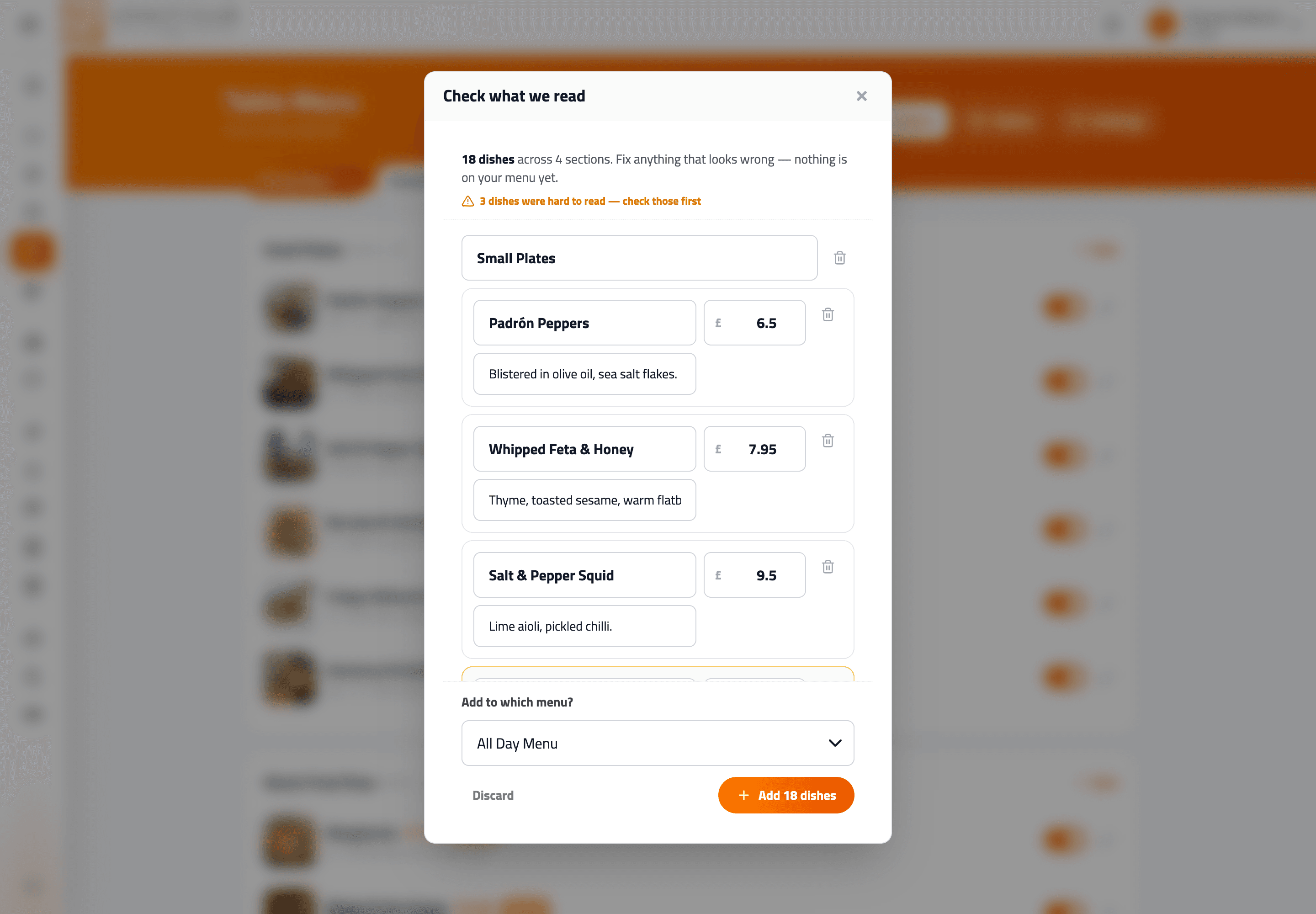 Review screen listing sections and dishes read from a photographed menu, every field editable.