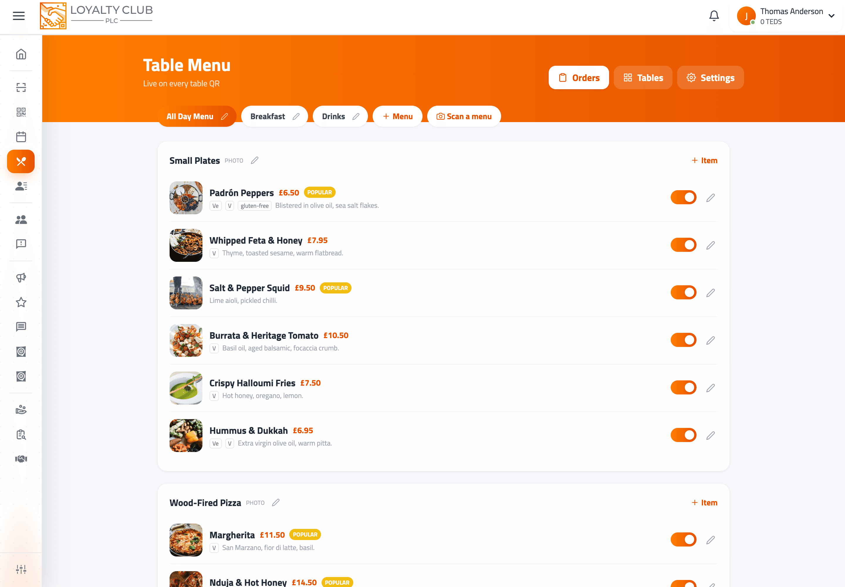 Menu Studio showing menus, sections and dish cards with prices and availability toggles.