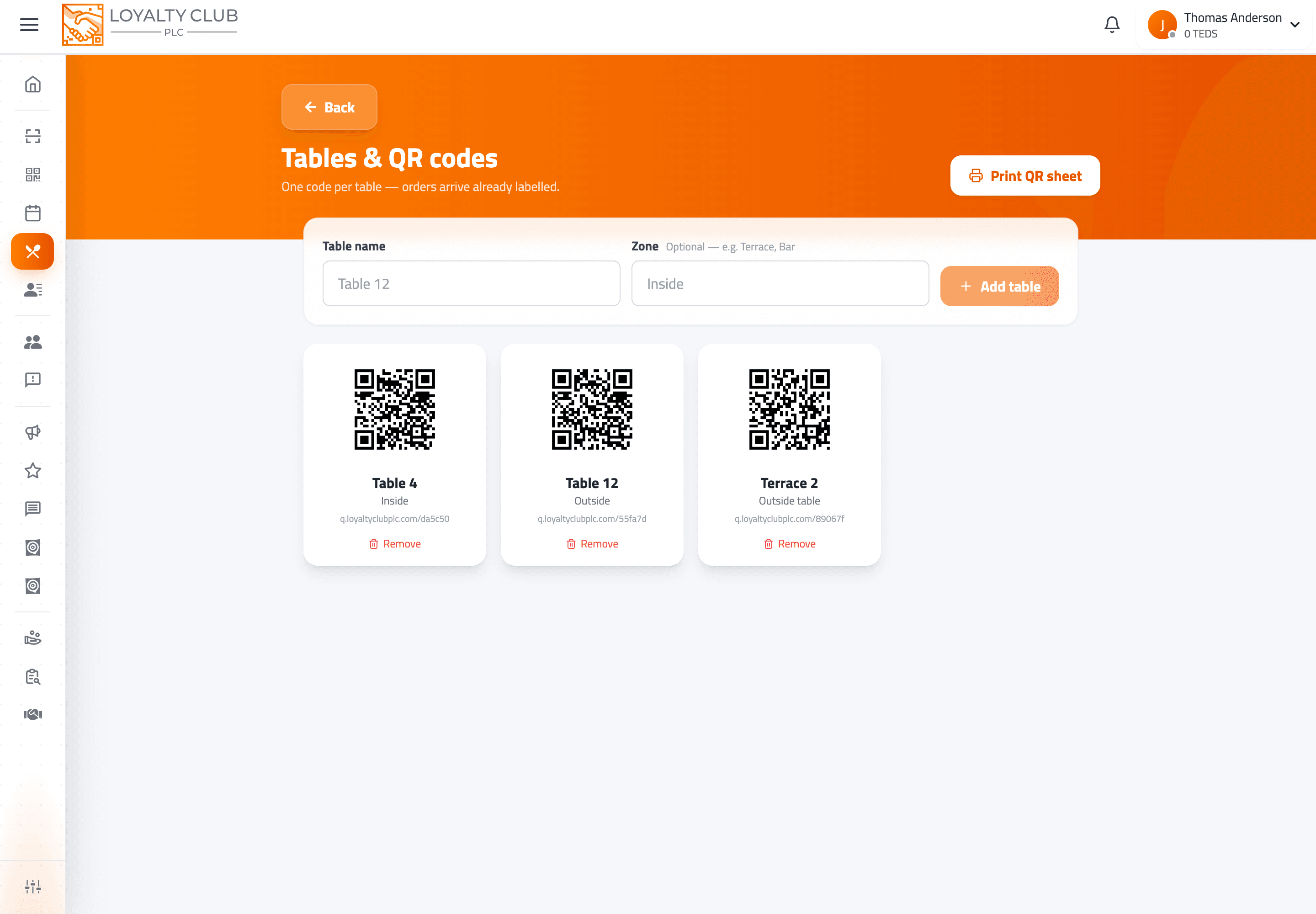 Tables screen showing per-table QR codes grouped by zone, with a print sheet button.
