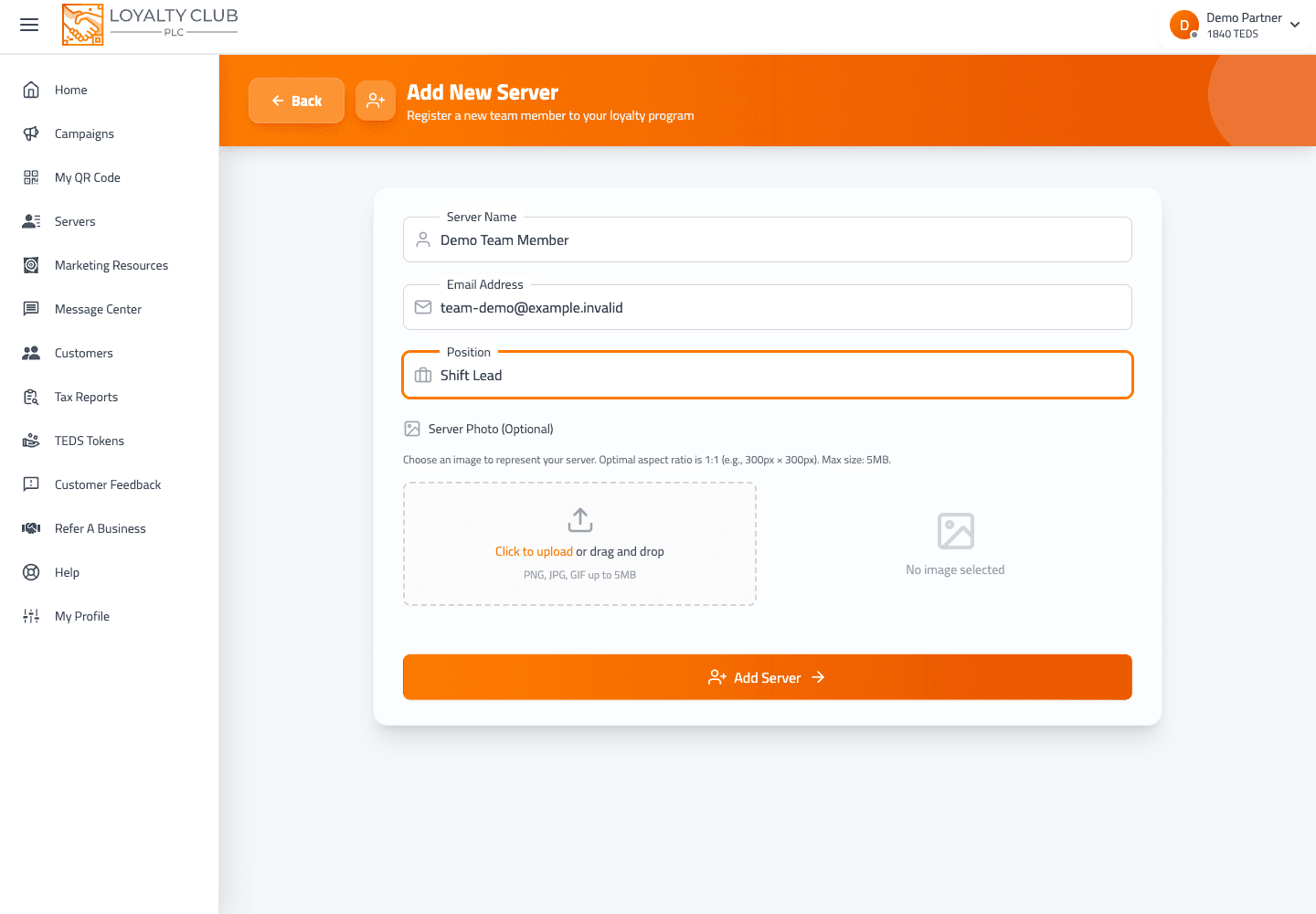 Staff invite form showing name, email and permission fields.