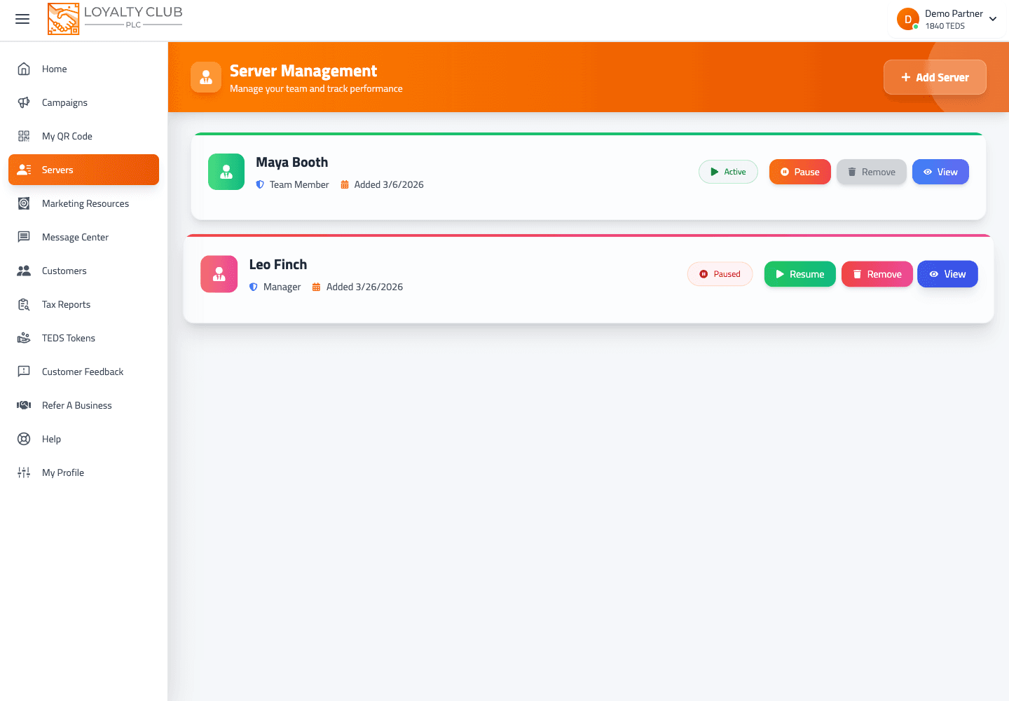 Staff management list showing active team members and role controls.