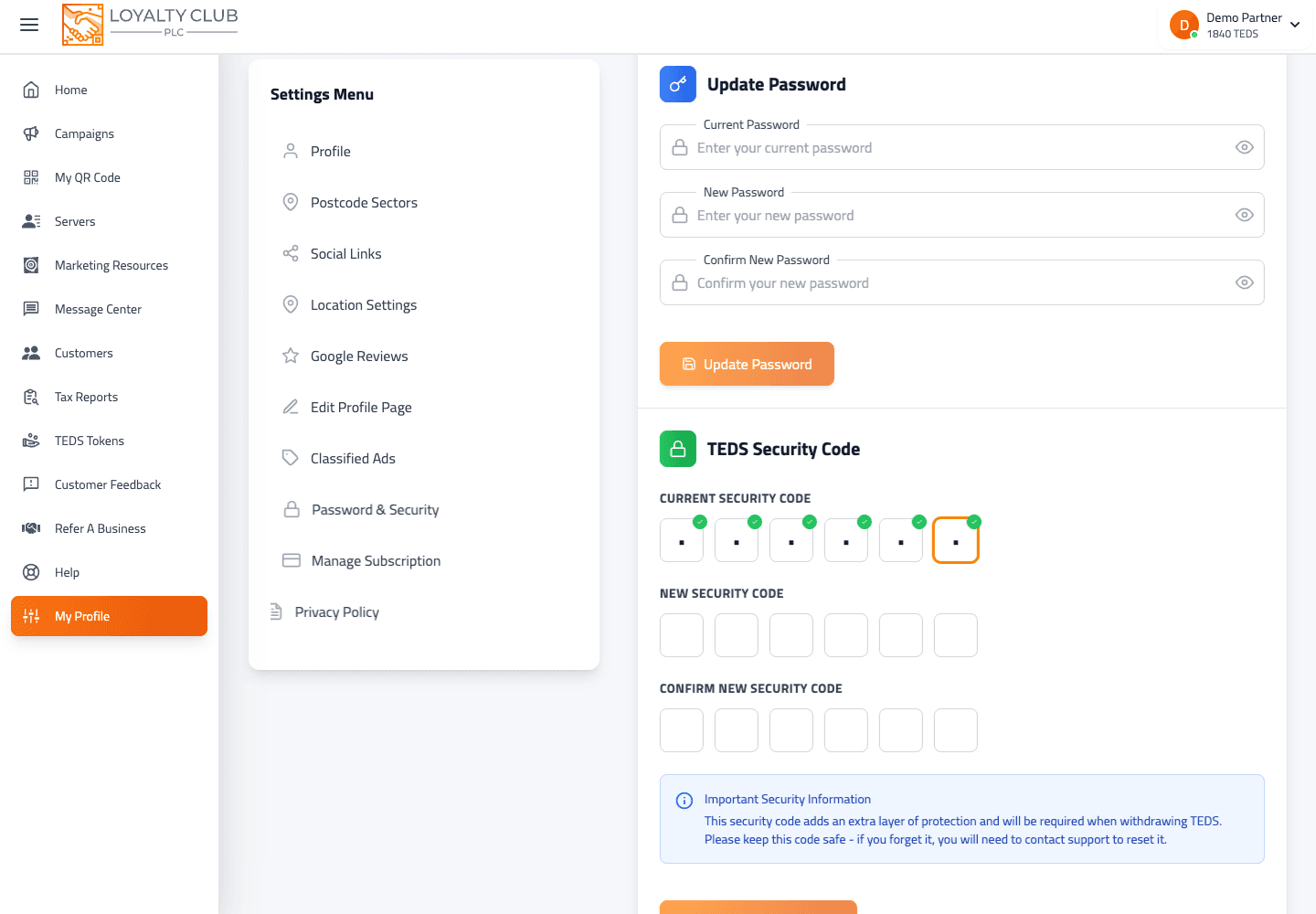 Partner portal TEDS security code screen for token-related account protection.