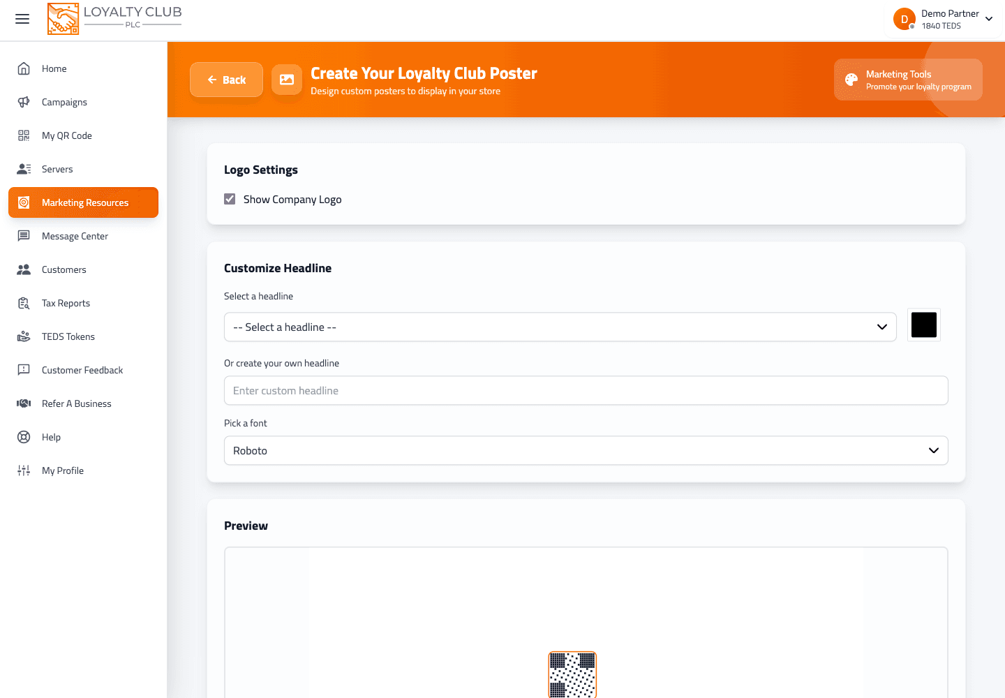 Partner portal Marketing Resources screen showing downloadable marketing assets for a business.