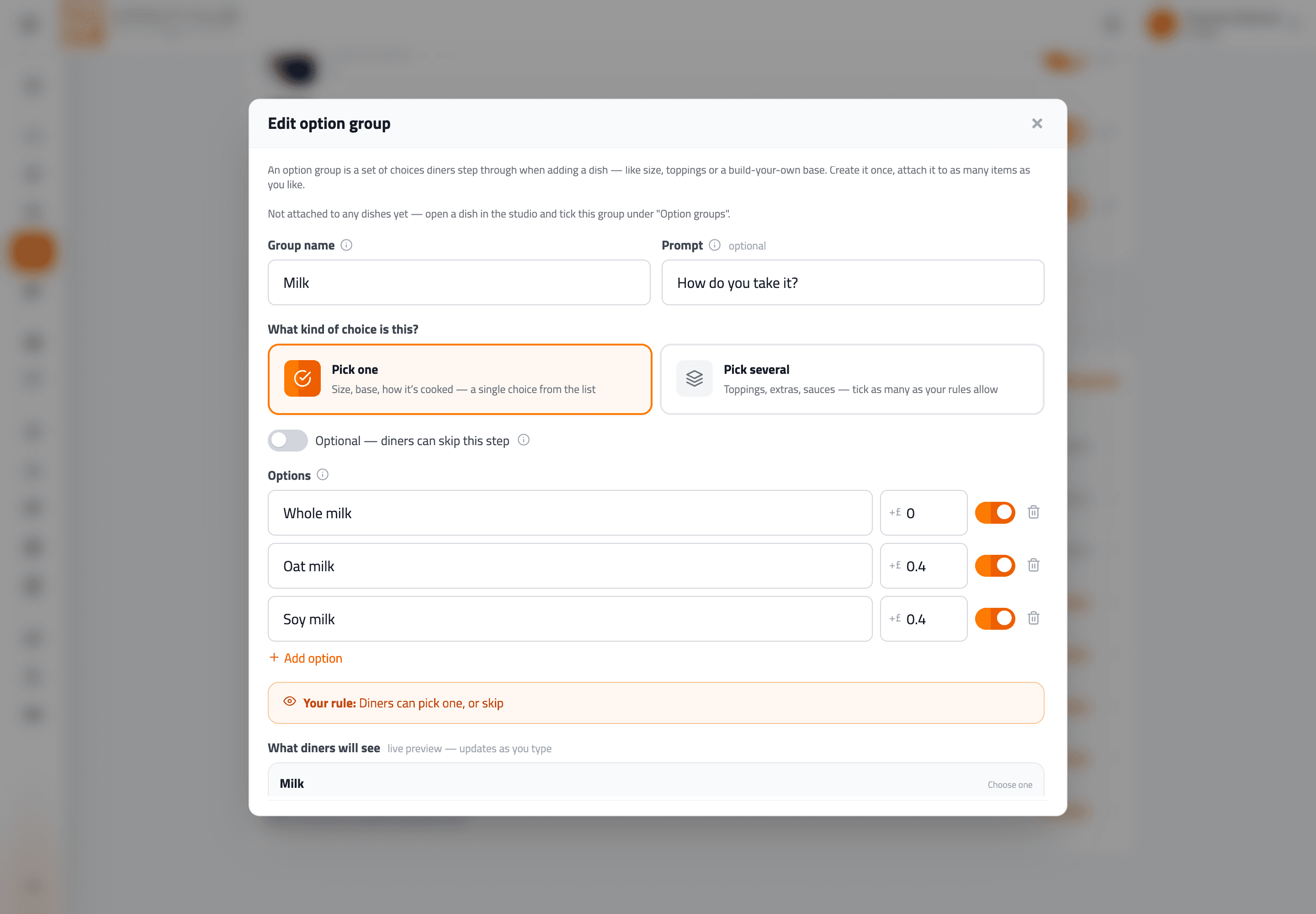 Option group editor showing group type, required toggle, minimum and maximum choices, included quantity and priced options.