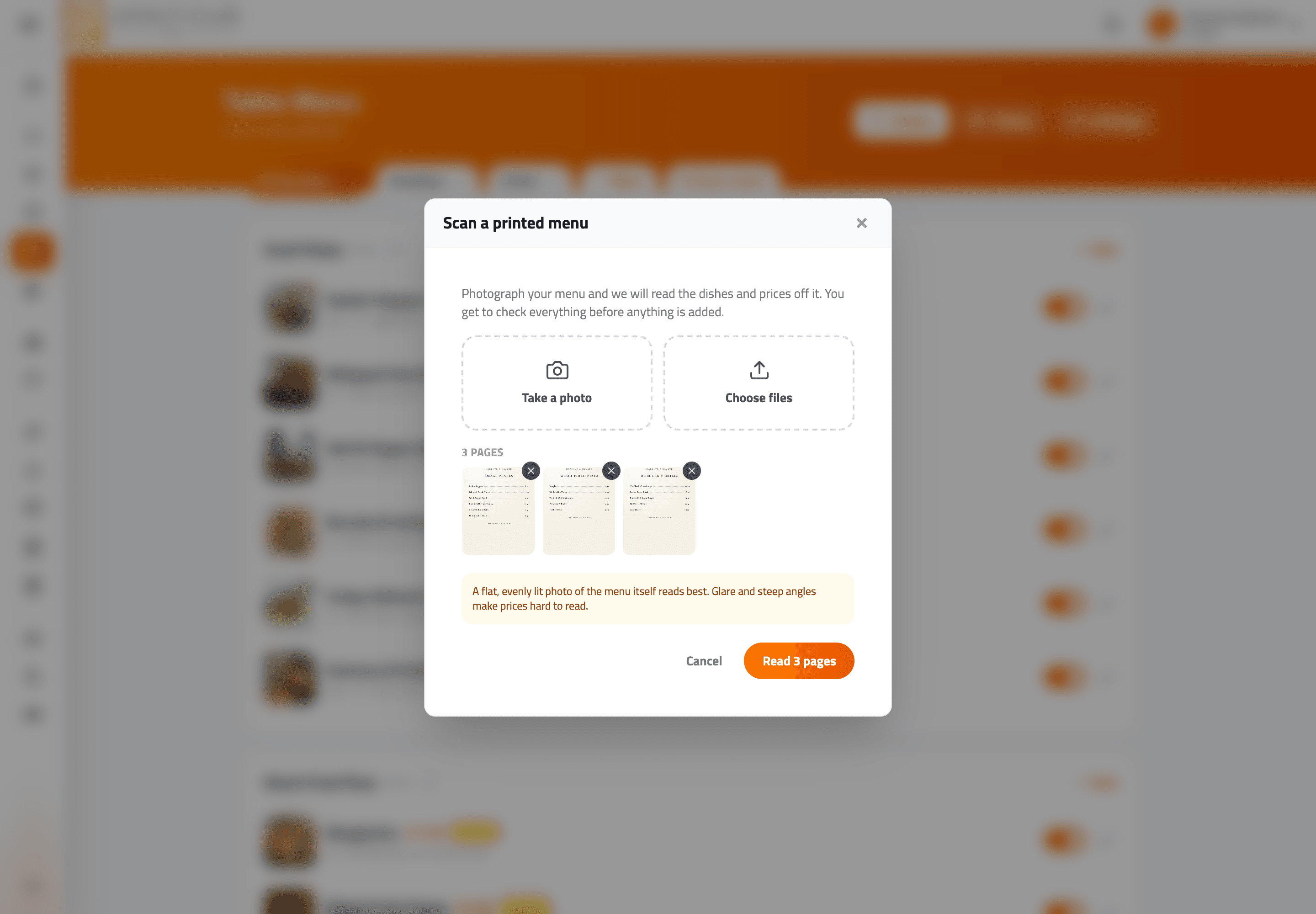 Scan a printed menu dialog showing take-a-photo and choose-files buttons with page thumbnails.