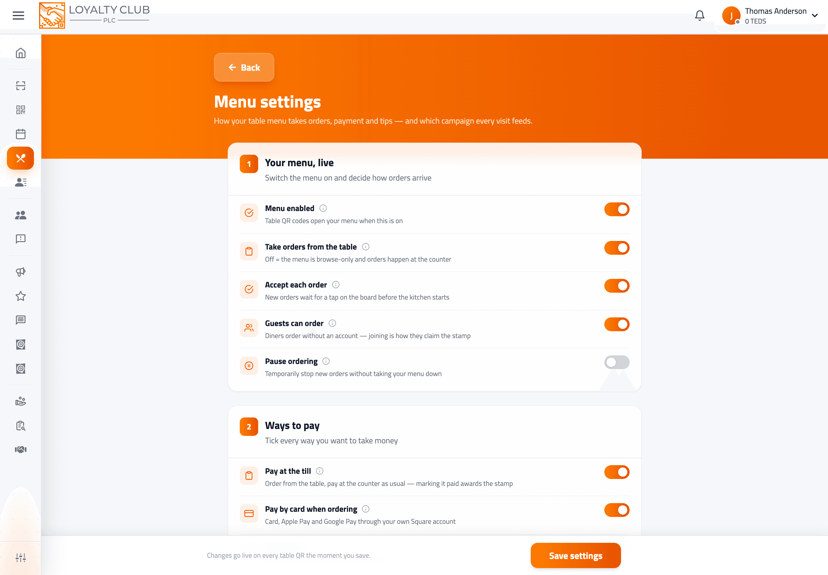 Menu settings page showing the live and ordering toggles, ways to pay, tips and loyalty cards.