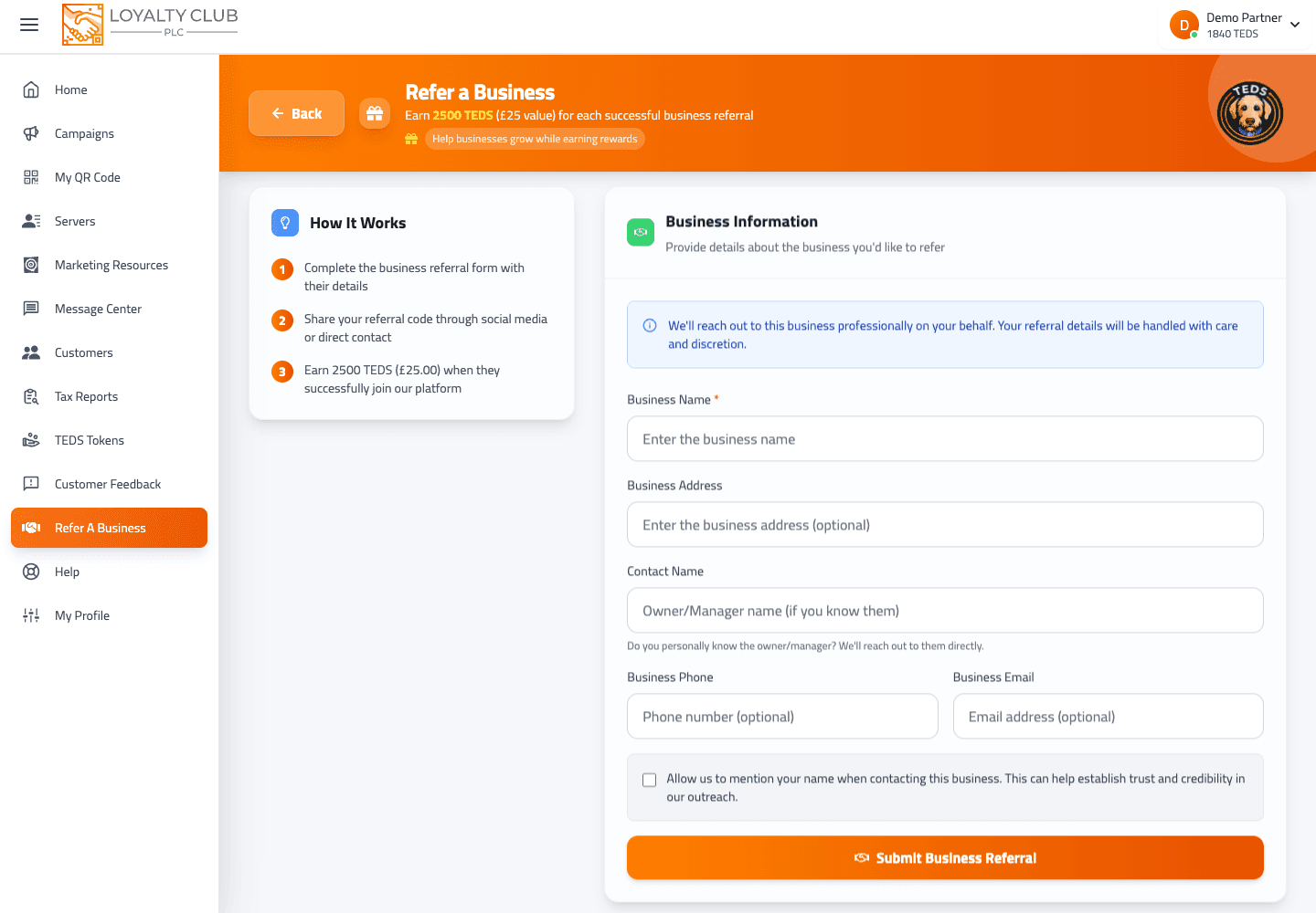 Business referral screen showing partner referral link and invitation tools.