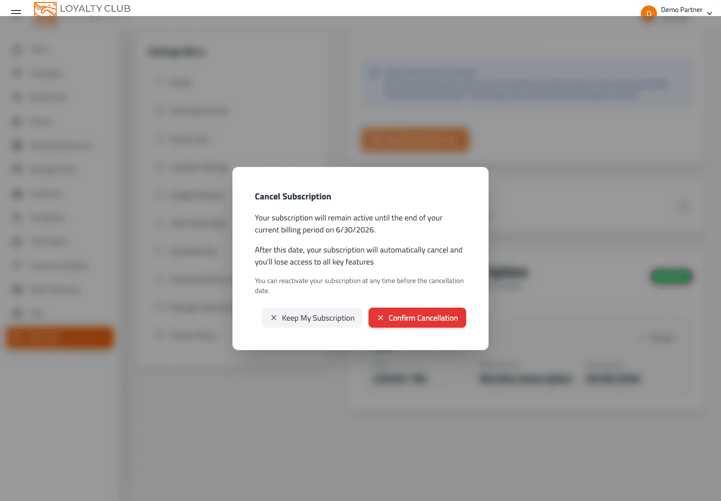 Subscription cancellation screen showing cancel confirmation controls.