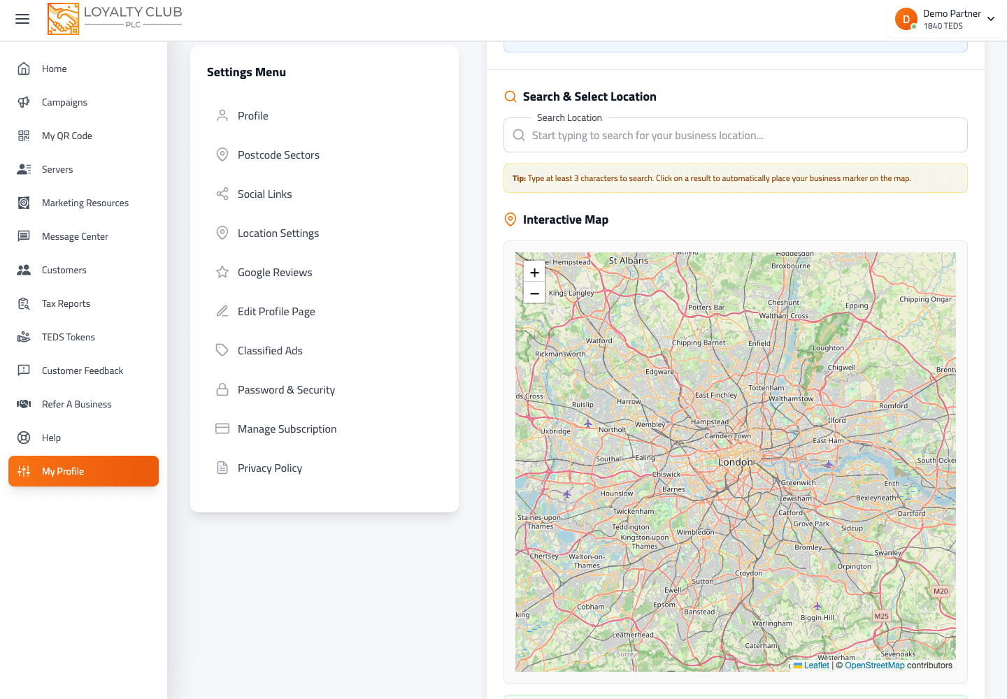 Location settings screen showing business address and map details.