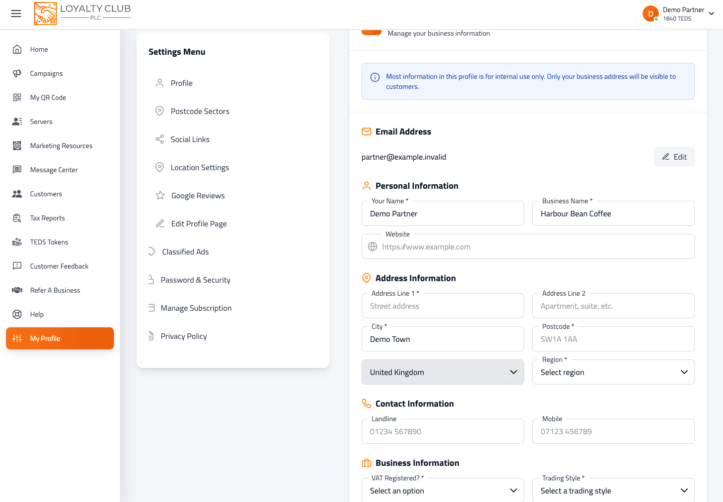 Partner profile settings showing editable business details.