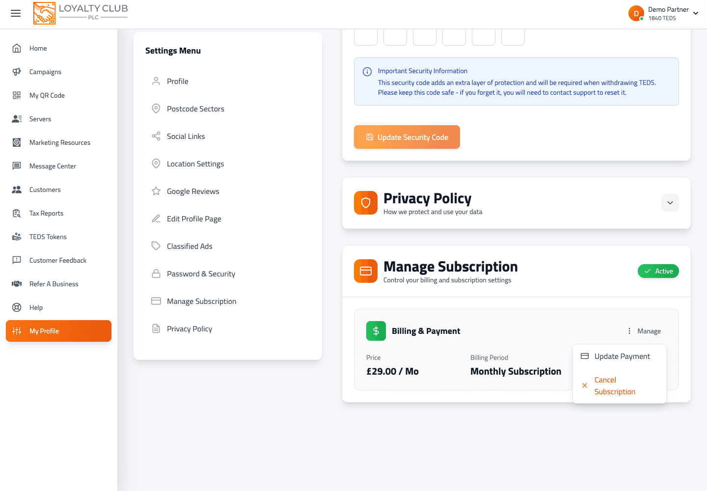 Manage subscription menu showing payment method options.