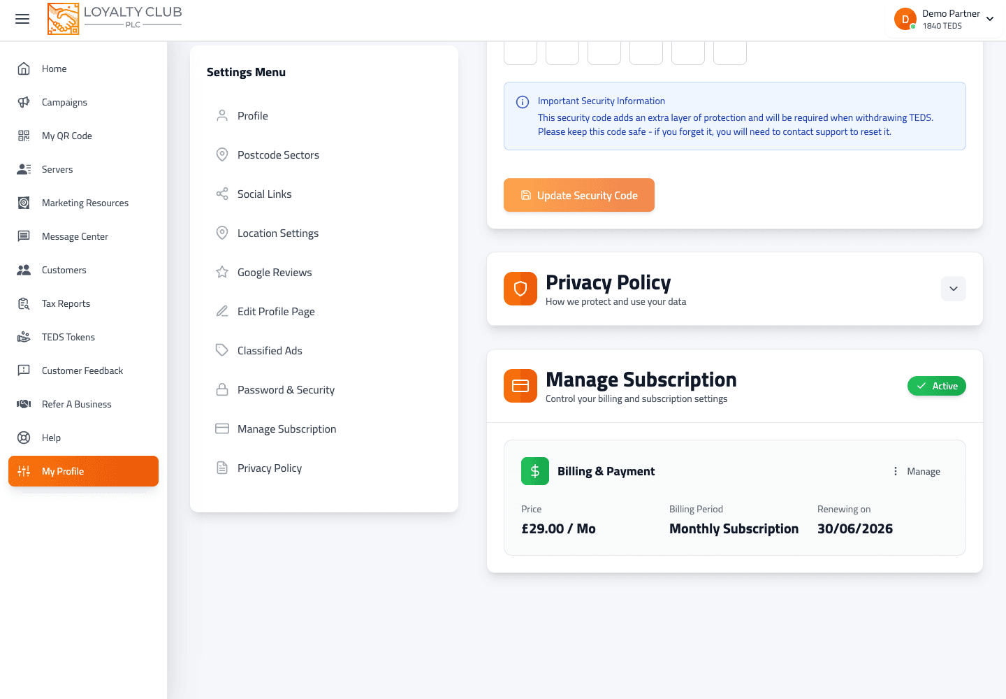 Subscription settings screen showing plan status and customer trial progress.