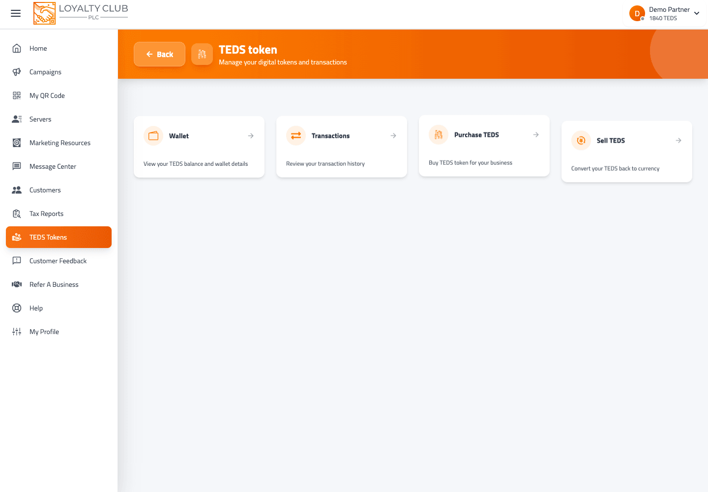 TEDS wallet home screen showing balance summary and wallet actions.