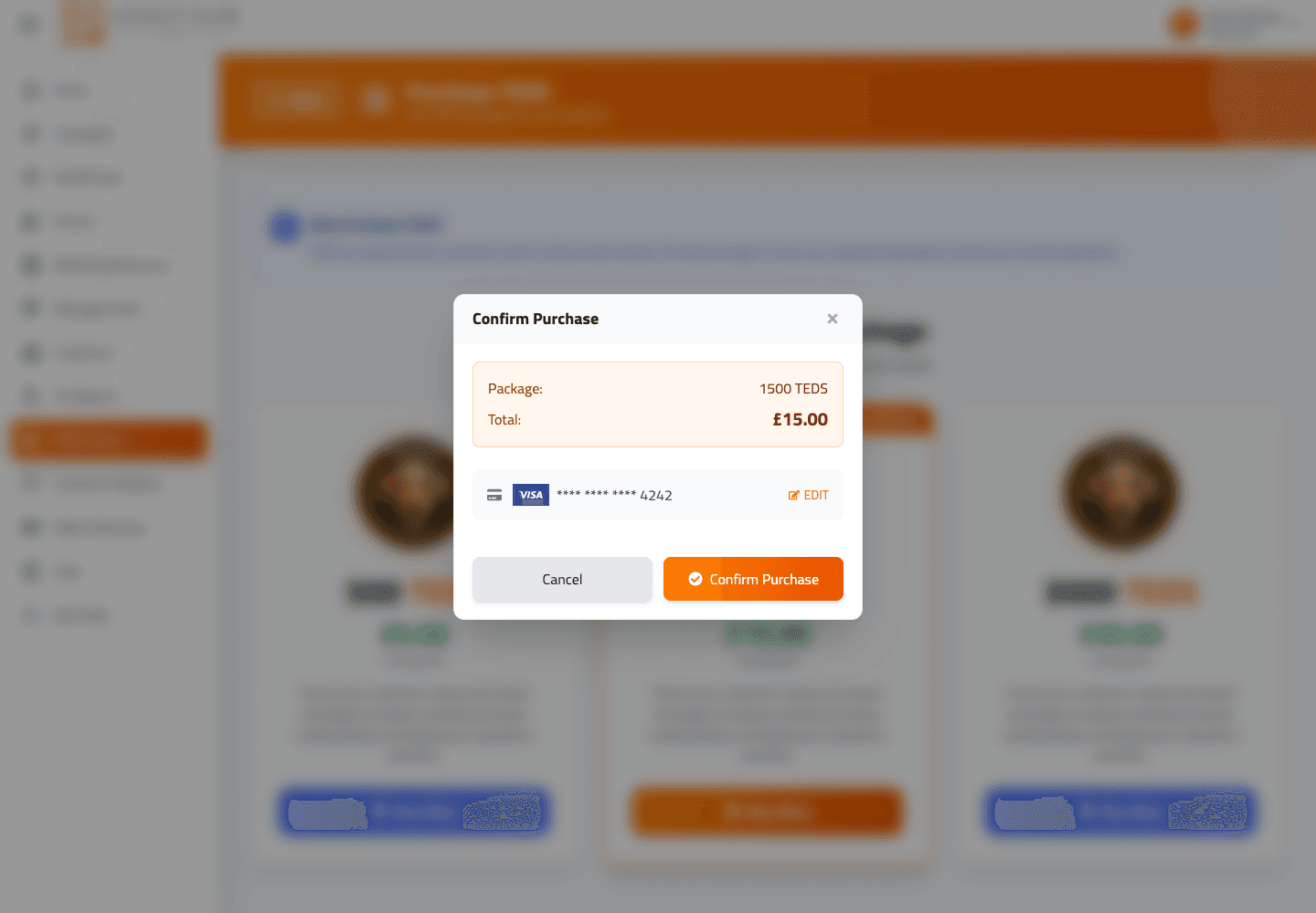 TEDS purchase confirmation screen showing package summary before payment.
