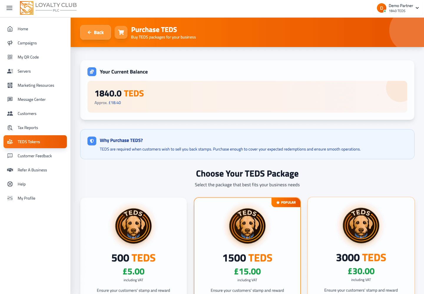 Purchase TEDS screen showing available top-up package cards.
