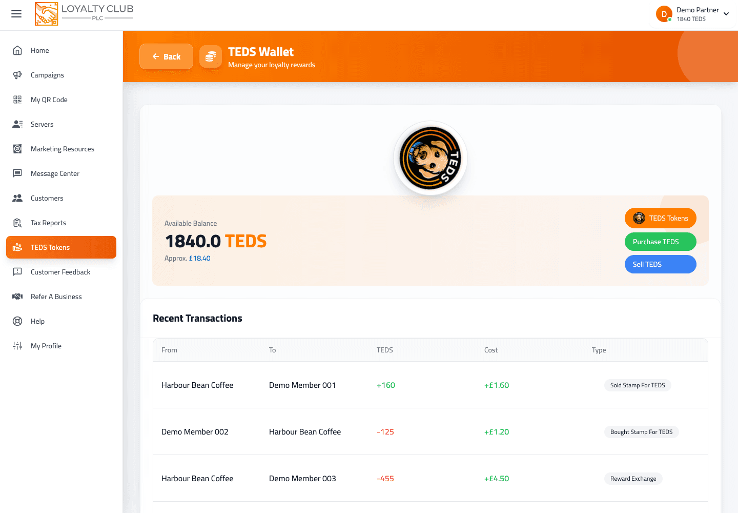 TEDS wallet screen showing available balance, pending balance and top-up action.