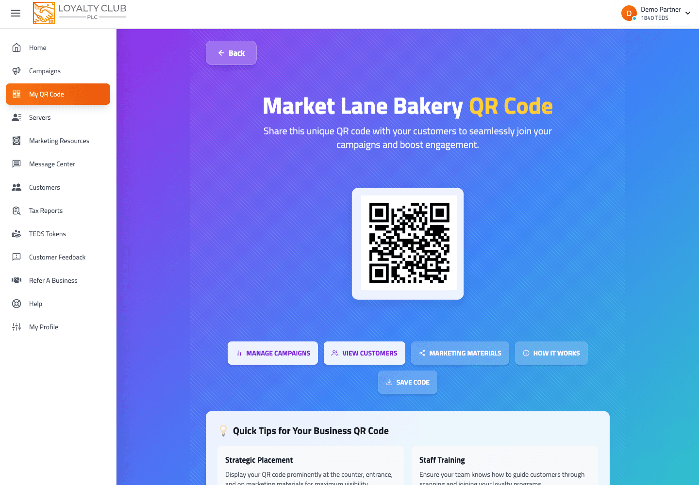 Partner portal QR asset screen for a bakery market stall loyalty setup.