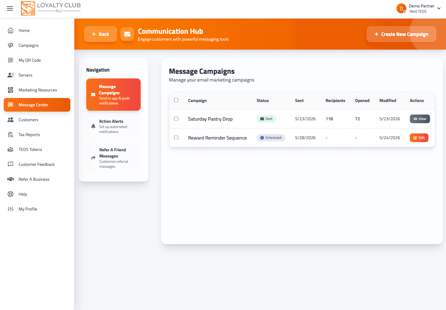 Partner portal Message Centre screen showing a bakery product drop message.
