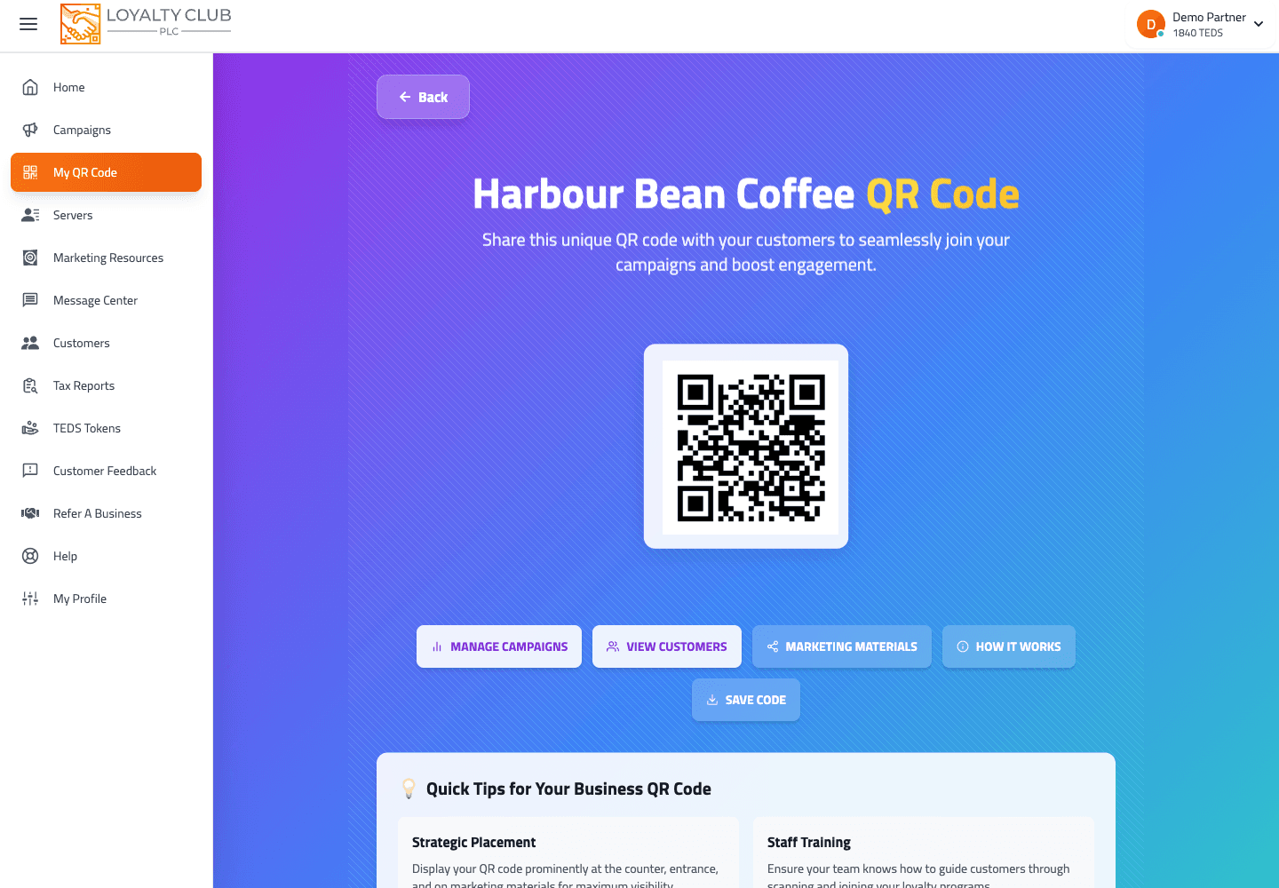Partner portal screen showing cafe counter QR assets for customers to join a loyalty campaign.