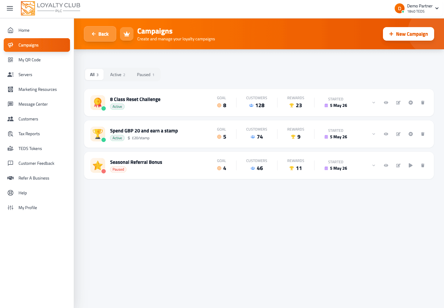 Partner portal Promotion Designer screen showing a fitness class challenge loyalty campaign.