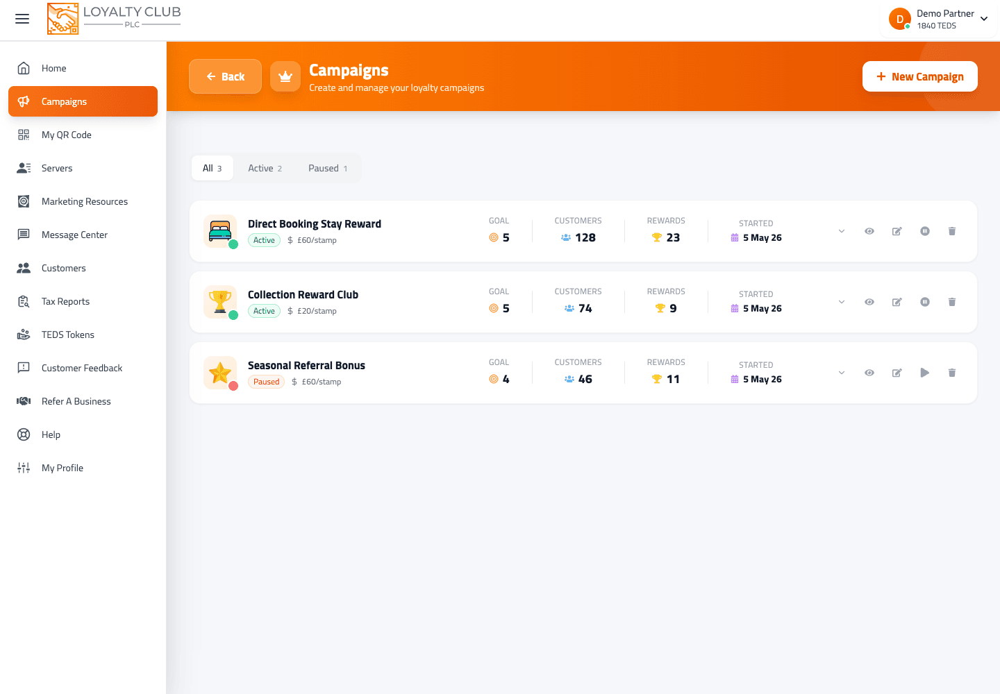 Partner portal Promotion Designer screen showing a hotel direct booking loyalty campaign.
