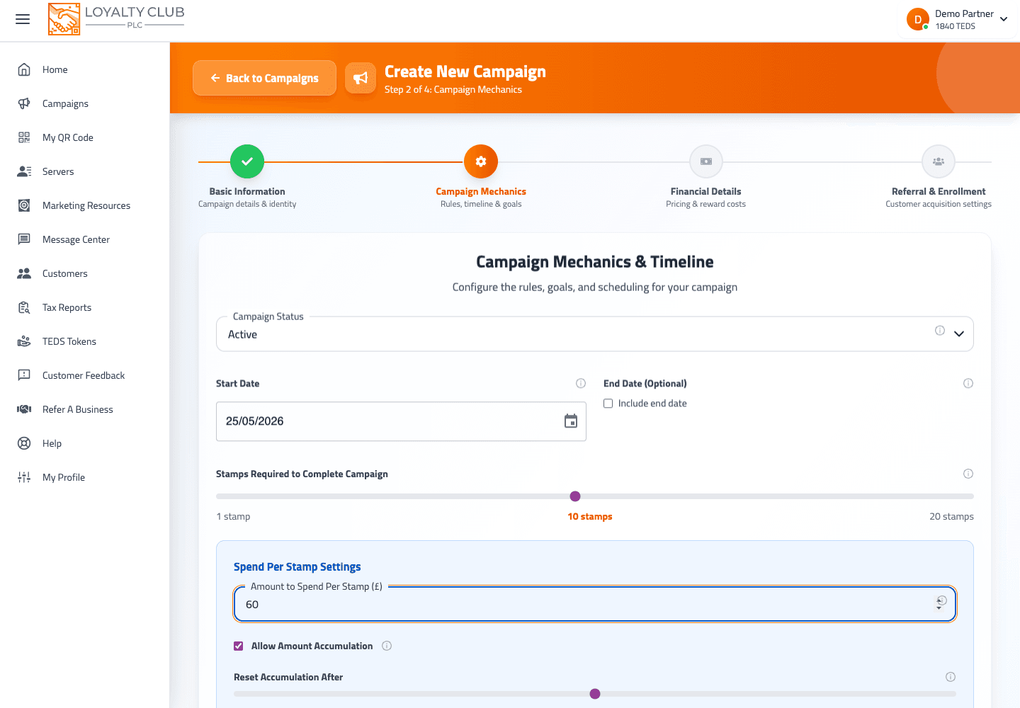 Partner portal Promotion Designer screen showing a hotel on-site spend loyalty campaign.