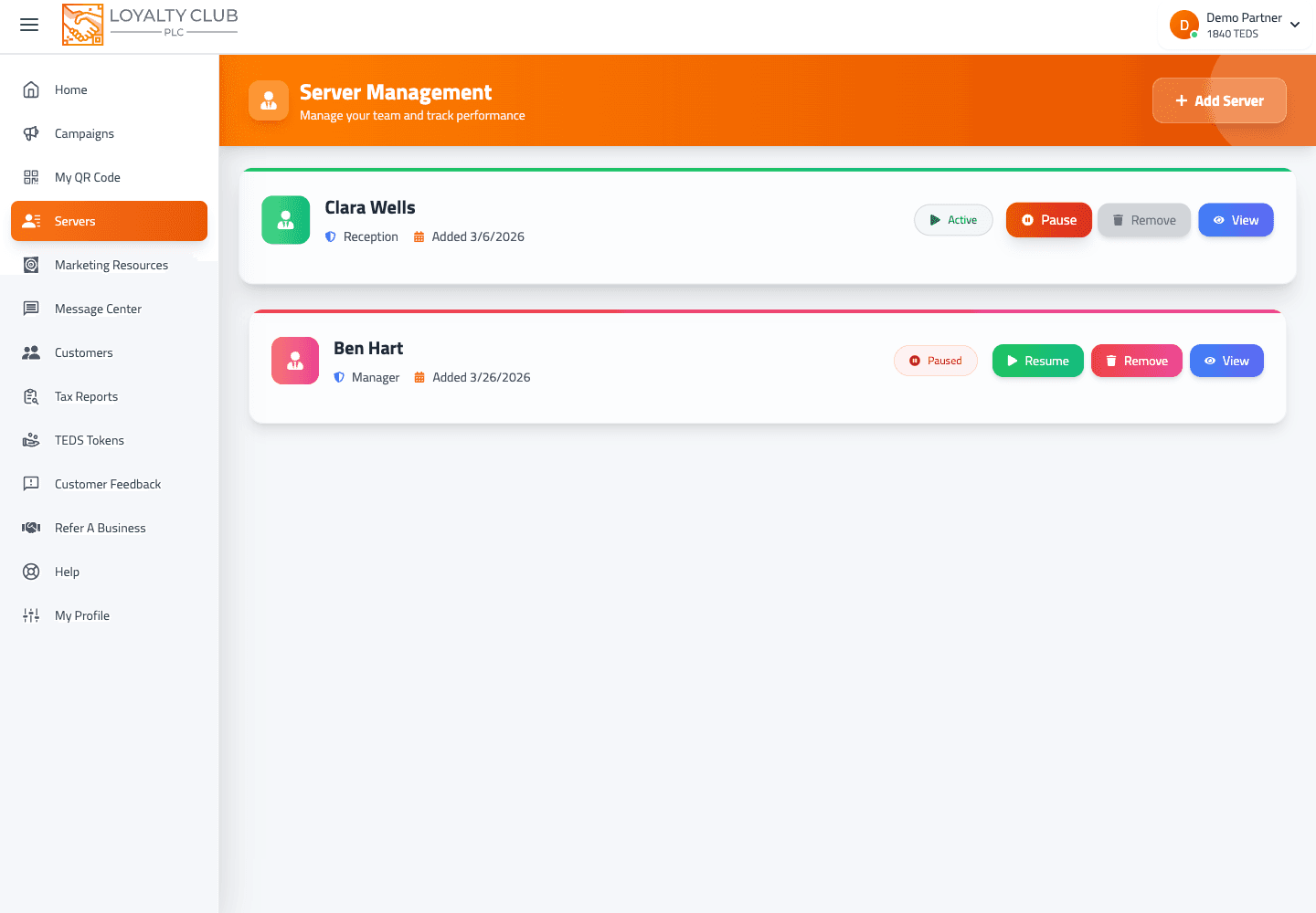 Partner portal staff access screen for hotel reception and on-site team accounts.