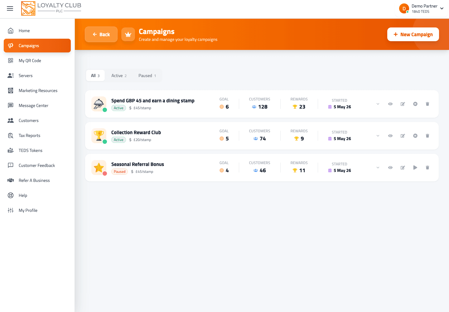 Partner portal Promotion Designer screen showing a restaurant spend-based loyalty campaign.