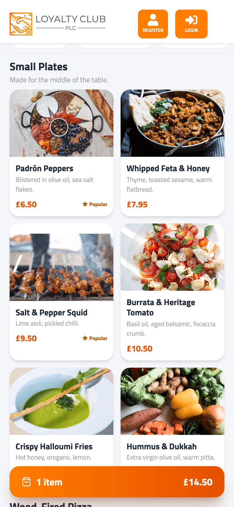 Diner's phone showing a restaurant table menu with dish photos, prices and a running basket bar.
