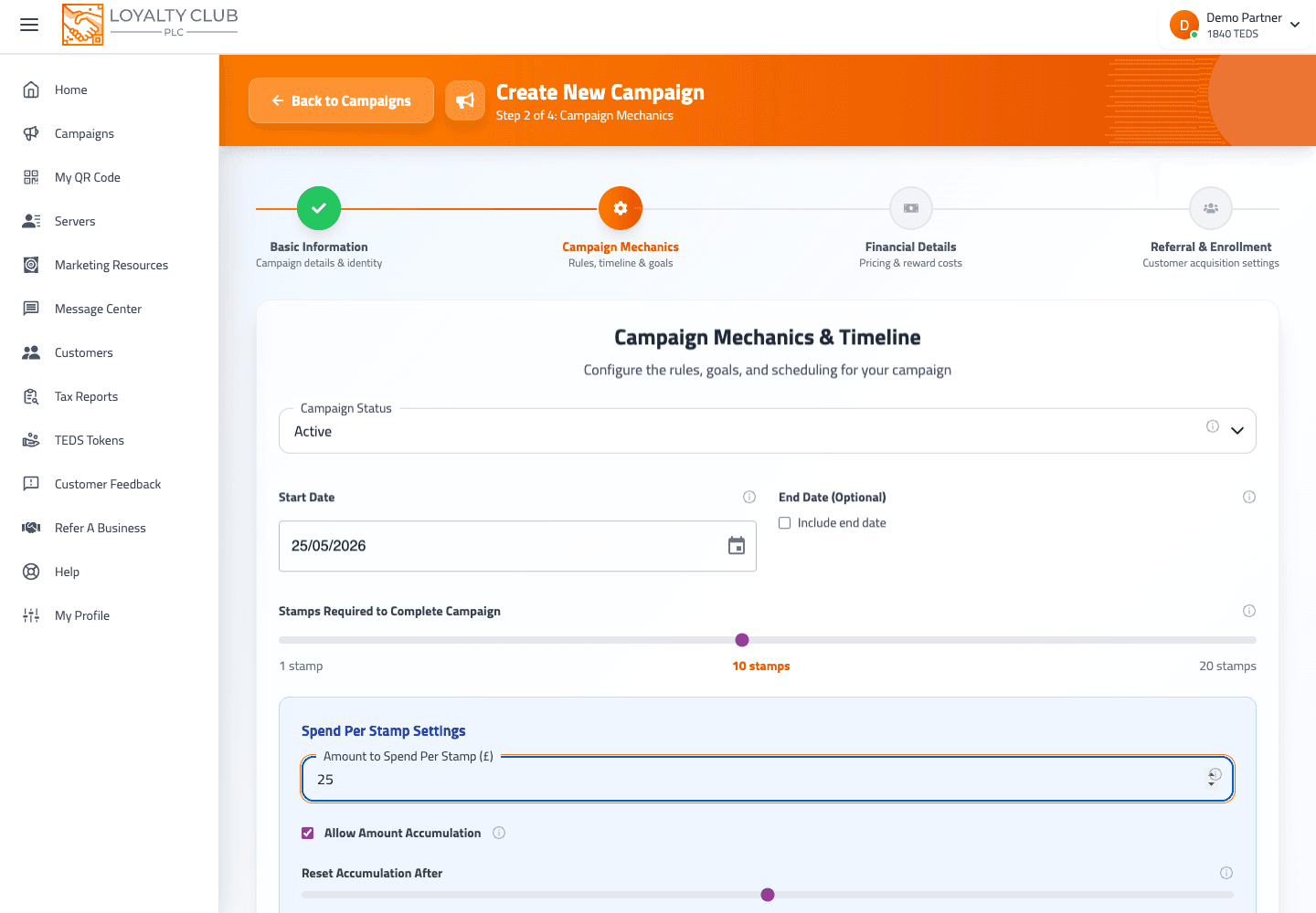 Partner portal Promotion Designer screen showing a retail event reward campaign.