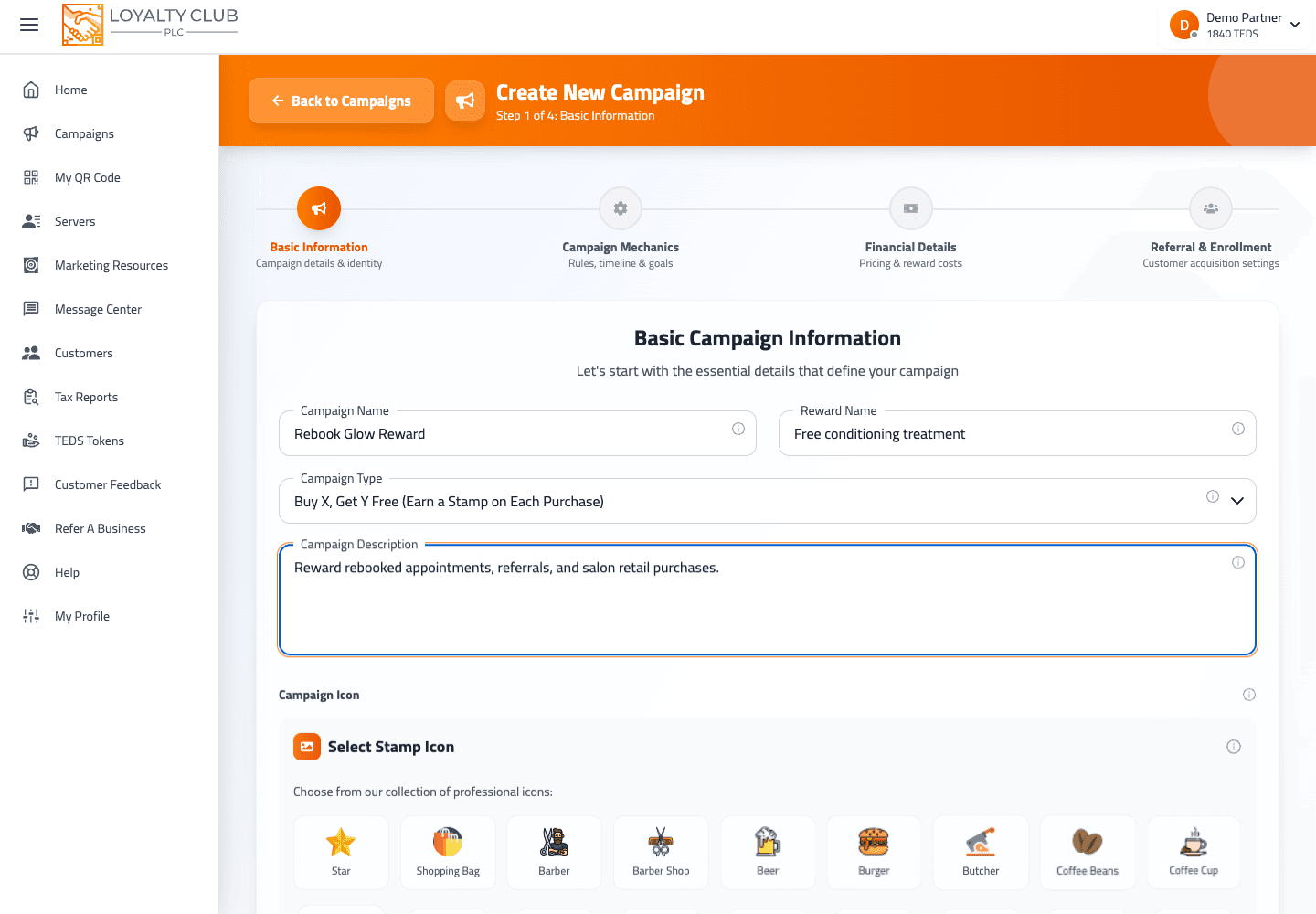 Partner portal Promotion Designer screen showing a salon retail product loyalty campaign.