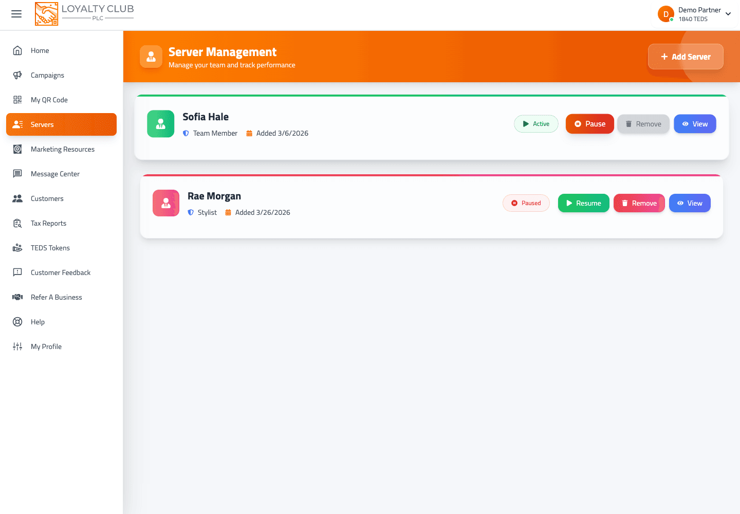 Partner portal staff access screen for salon team member accounts.