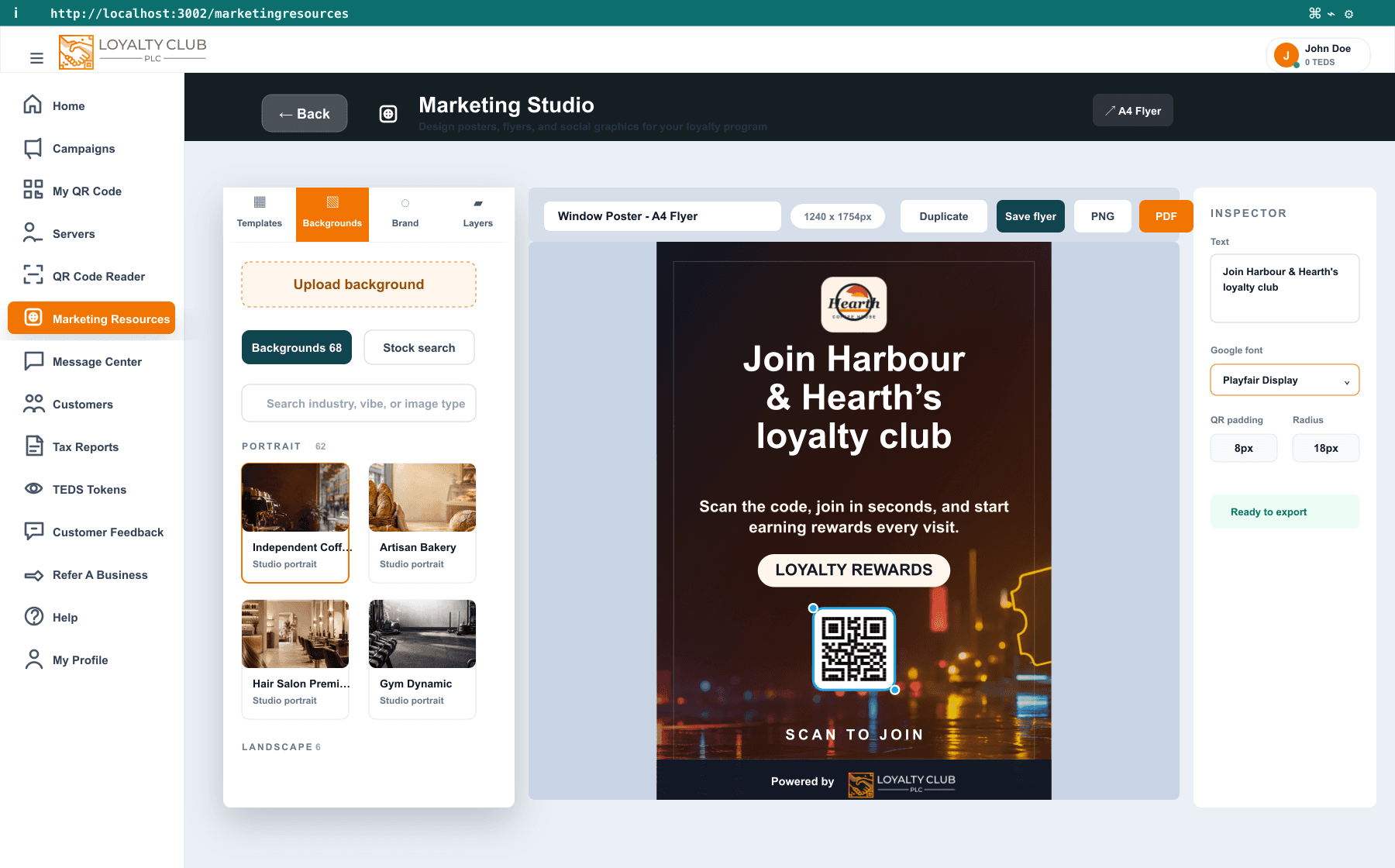 Marketing Studio background library with portrait sections, background cards, search and QR styling controls.