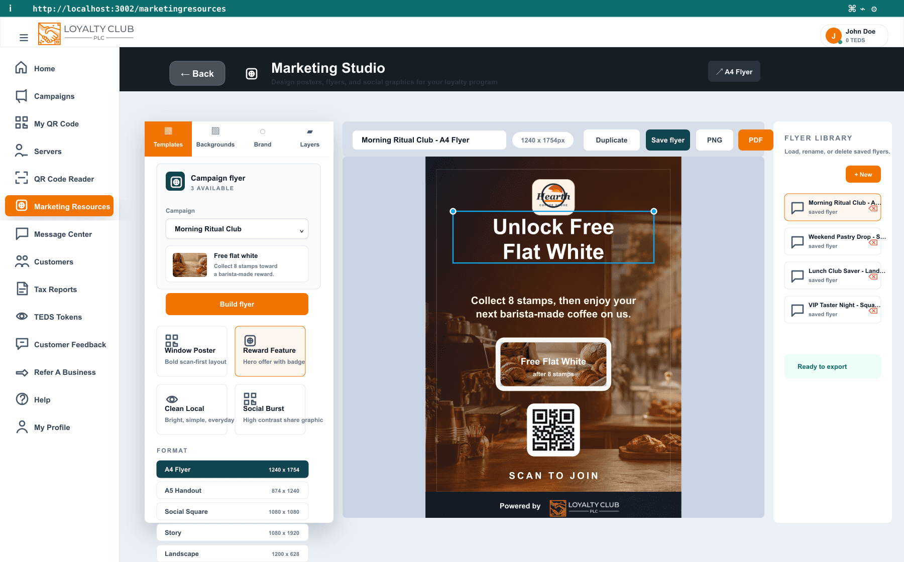 Marketing Studio showing a campaign flyer wizard, reward image, A4 flyer canvas, export controls and saved flyer library.