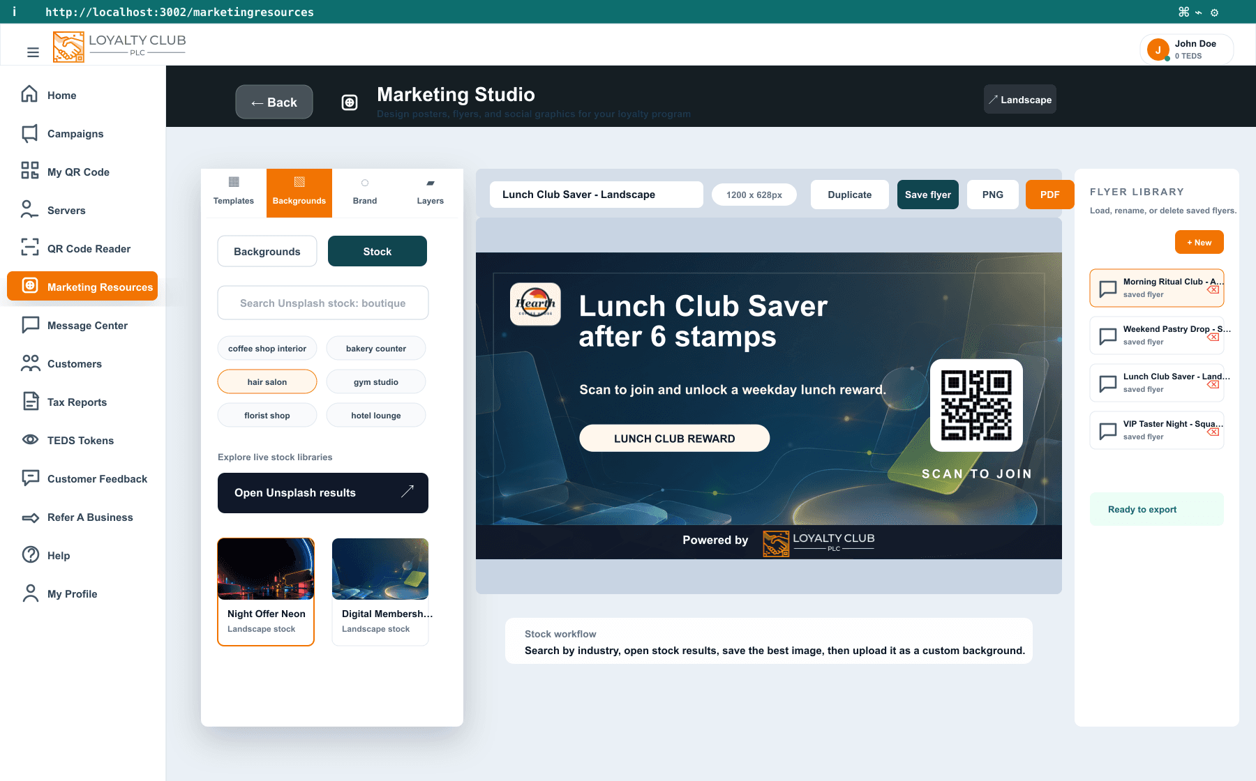 Marketing Studio stock search area showing industry chips, Unsplash exploration and a landscape flyer.
