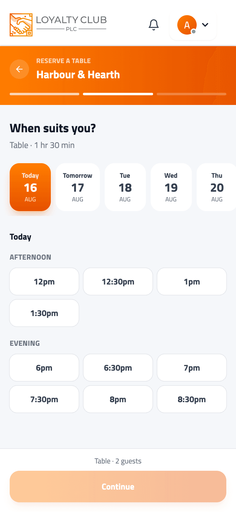 Booking screen on a phone showing a row of dates and free times grouped under afternoon and evening.