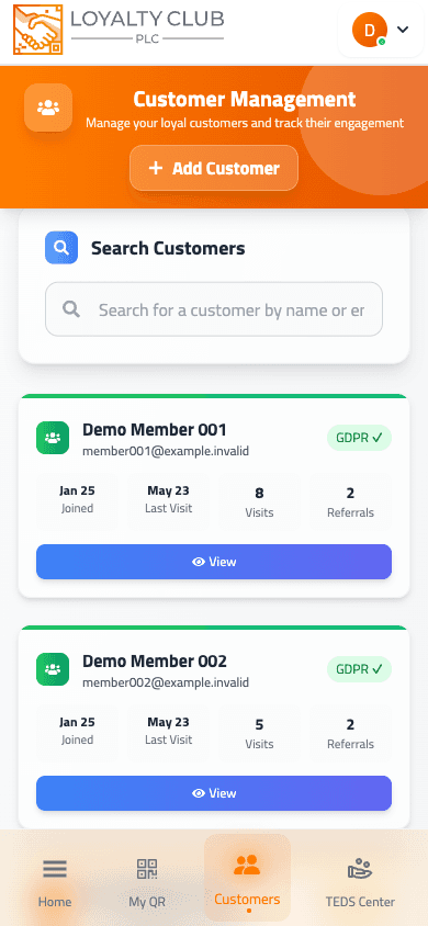 Mobile partner portal customer directory screen showing searchable demo member records.