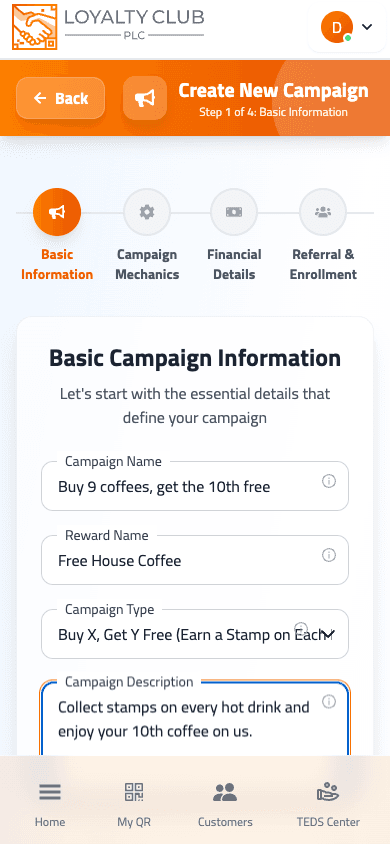 Mobile partner portal Promotion Designer screen showing campaign basic information fields.