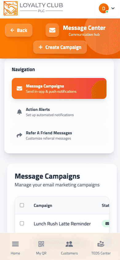 Mobile partner portal Message Centre screen showing campaign, alert and referral sections.