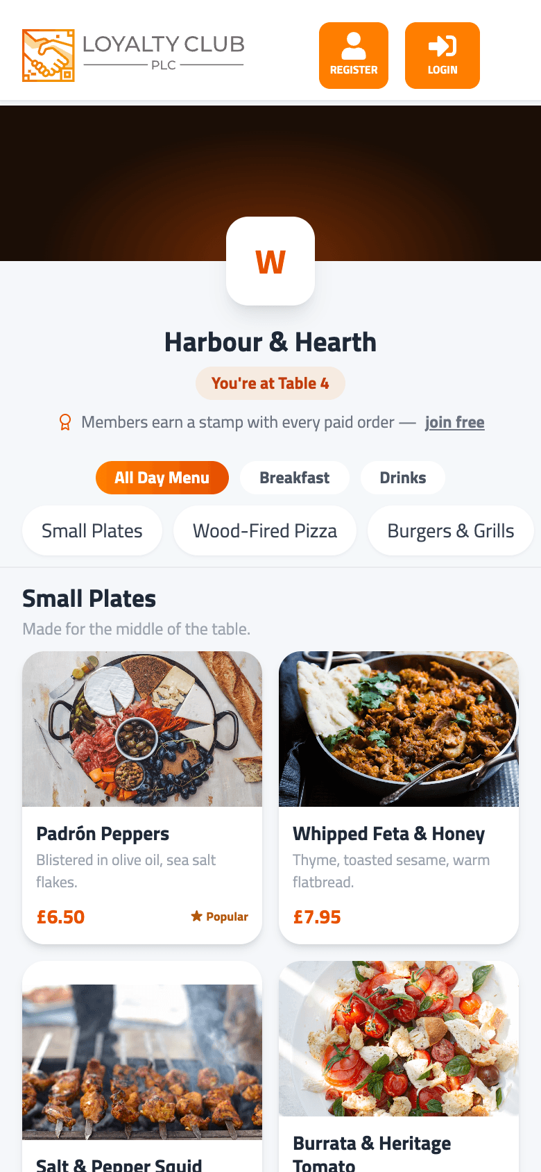 Diner's phone showing a photo-led table menu with dish cards, prices and a basket bar.
