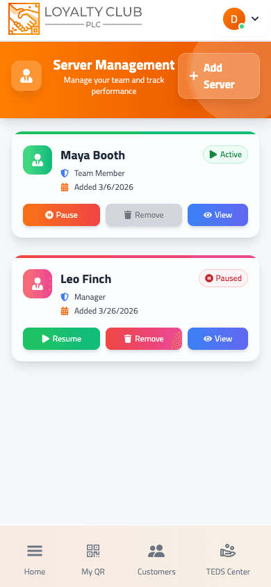 Mobile partner portal Server Management screen showing staff access cards and controls.