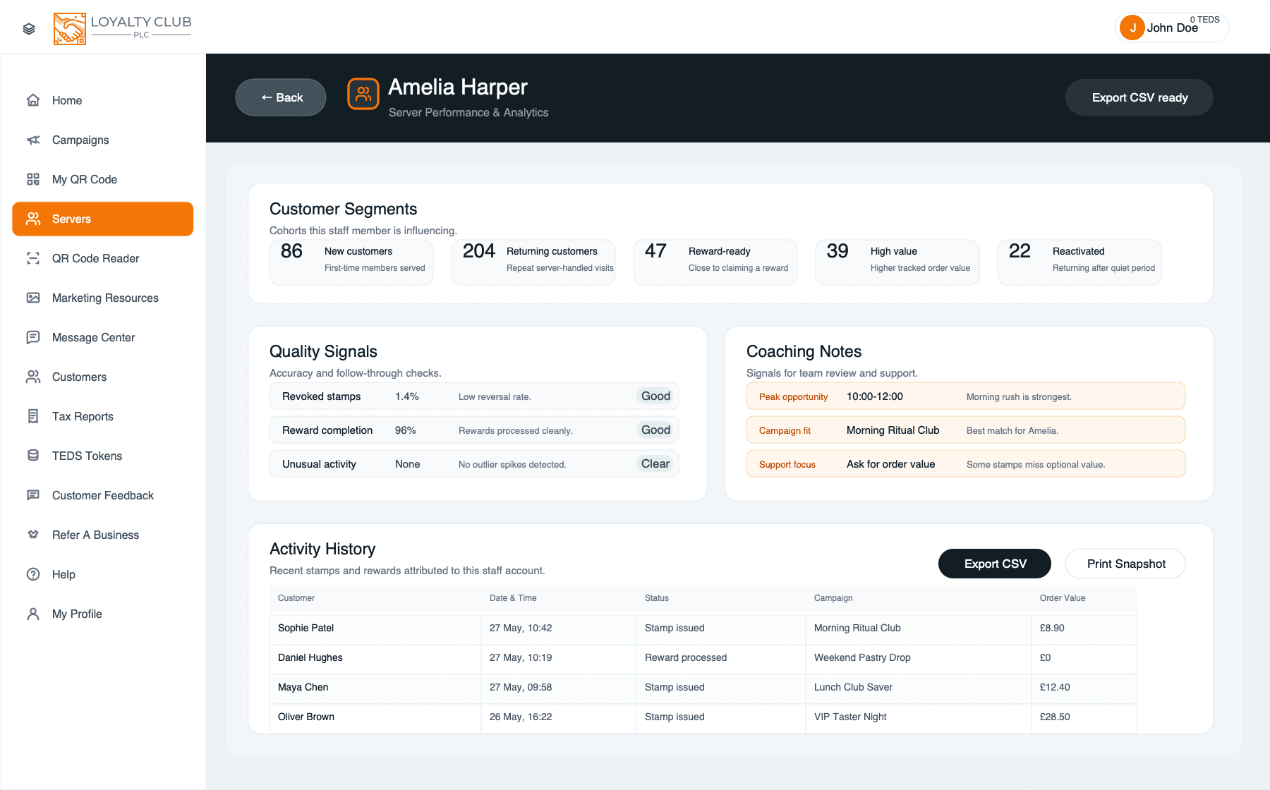 Server analytics page showing customer segments, quality signals, coaching notes, and activity history.