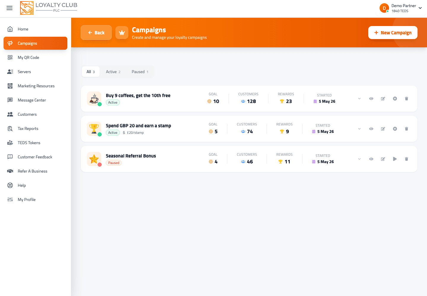 Partner Portal campaigns list showing active campaigns and quick actions.