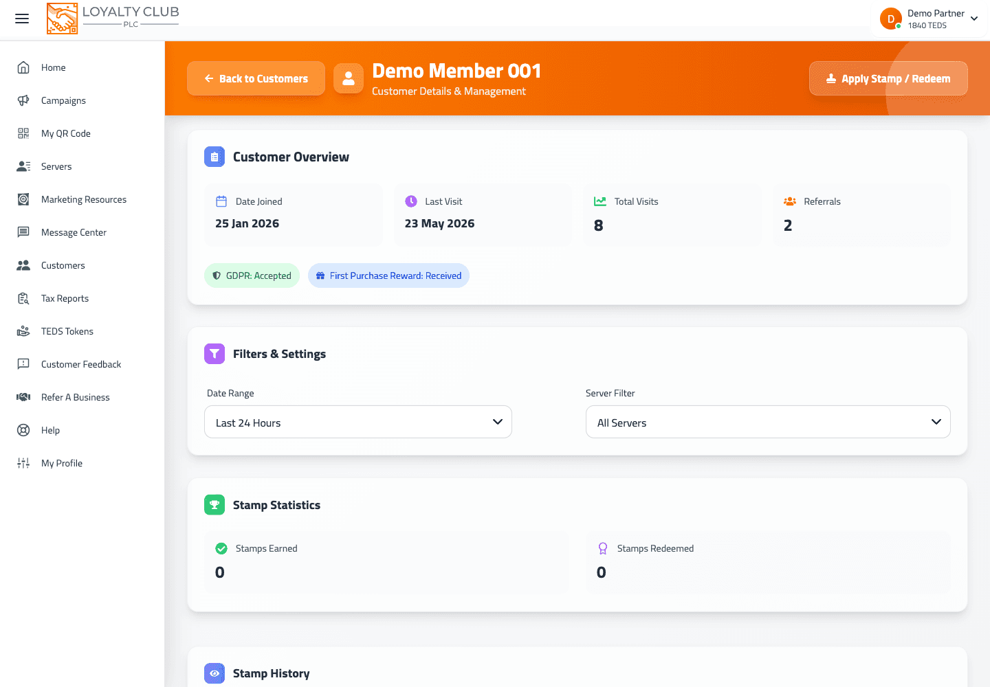 Partner portal demo customer profile showing anonymized member details and loyalty activity.