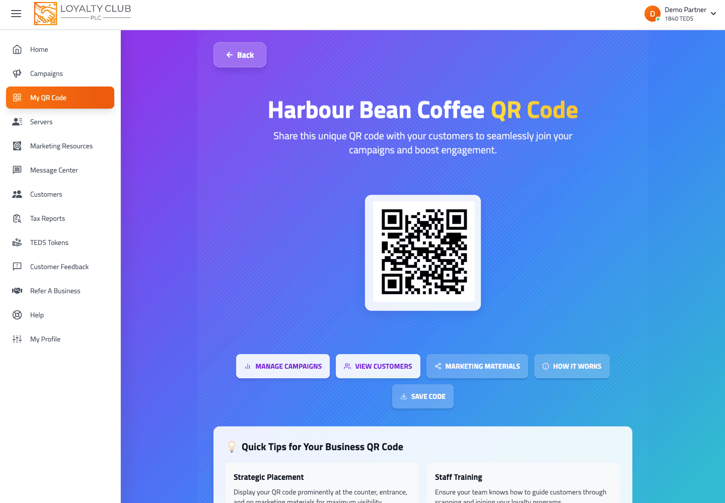 Marketing QR asset download screen showing downloadable QR materials.